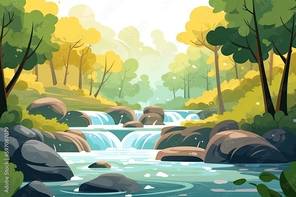 serene river flowing through a lush green forest. Generative AI