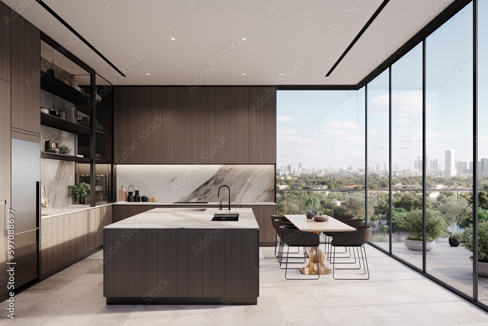 contemporary kitchen with panoramic city views through a large window. Generative AI