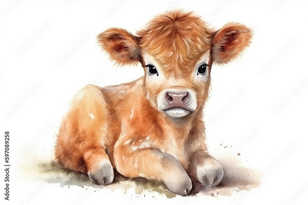 serene calf resting in a field. Generative AI