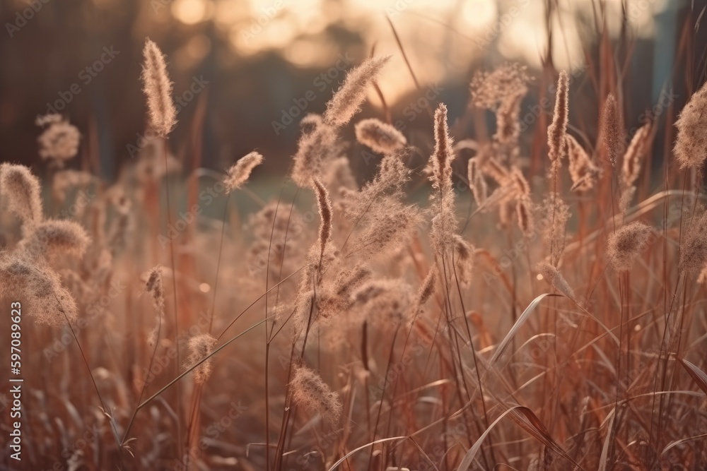 serene landscape featuring tall brown grass and trees in the background. Generative AI