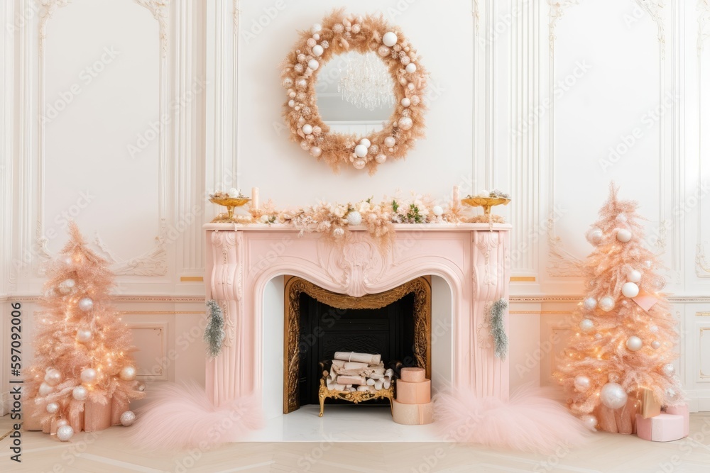 pink and gold decorated fireplace. Generative AI