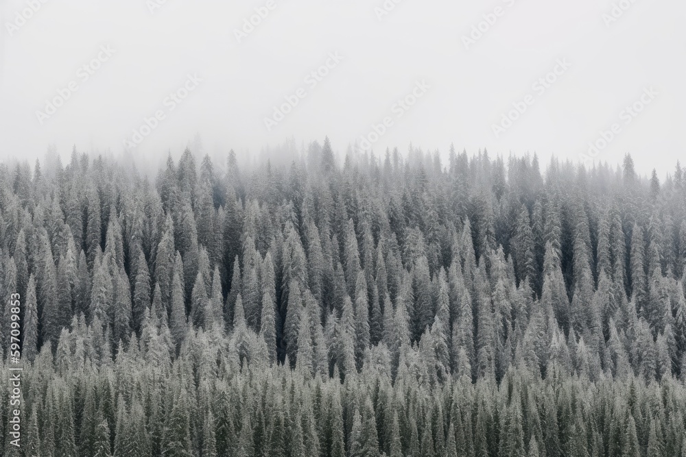 snow-covered trees in a forest during winter. Generative AI