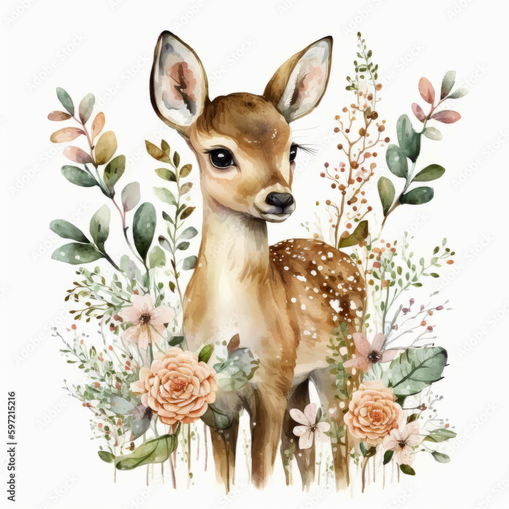 Cute baby deer watercolor. Illustration AI Generative