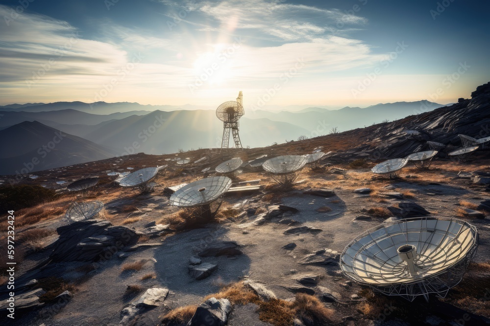 Radio telescope array on a remote mountaintop, Generative AI