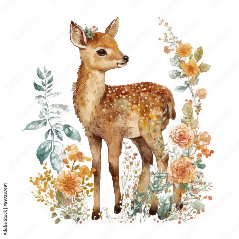 Cute baby deer watercolor. Illustration AI Generative