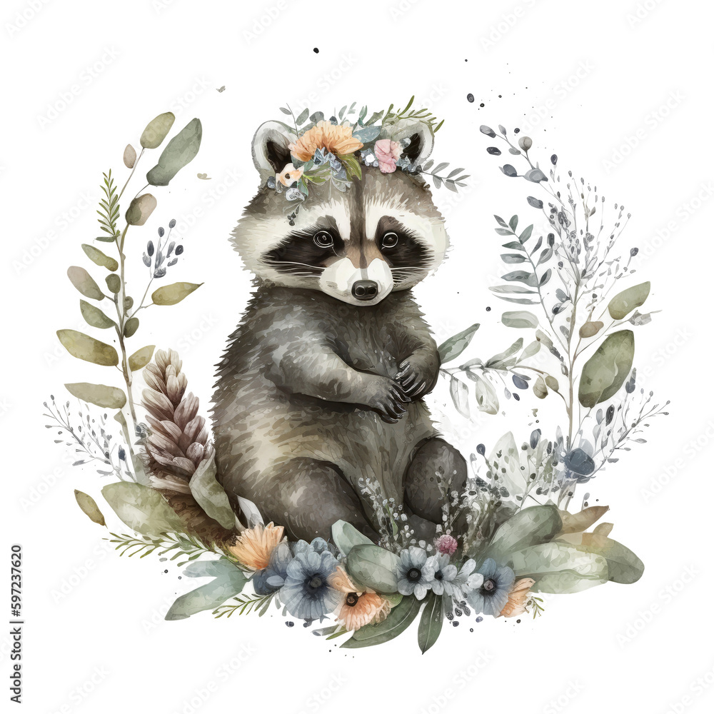 Cute watercolor baby raccoon. Illustration Generative AI.