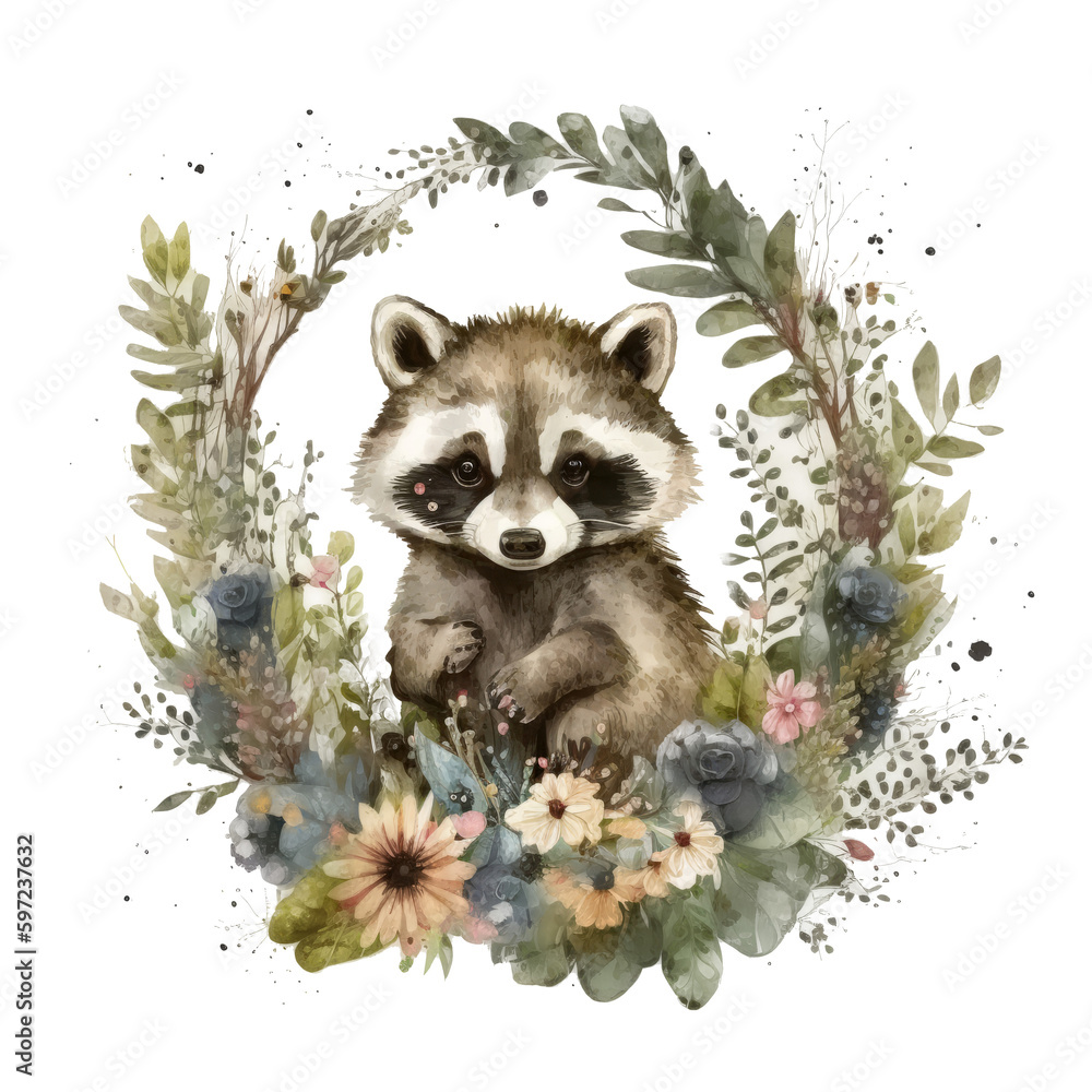 Cute watercolor baby raccoon. Illustration Generative AI.