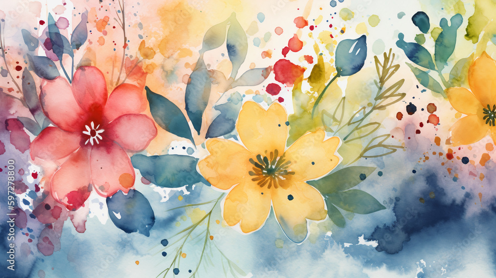 watercolor background with flowers. Image Generative AI.