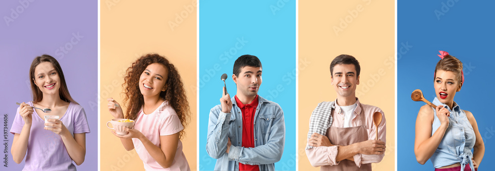 Group of young people with spoons on color background