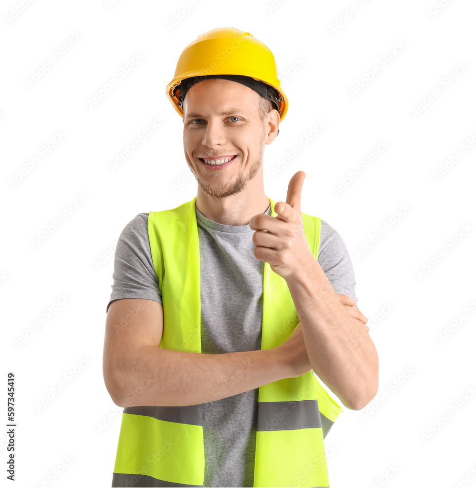 Male worker in vest and hardhat on white background