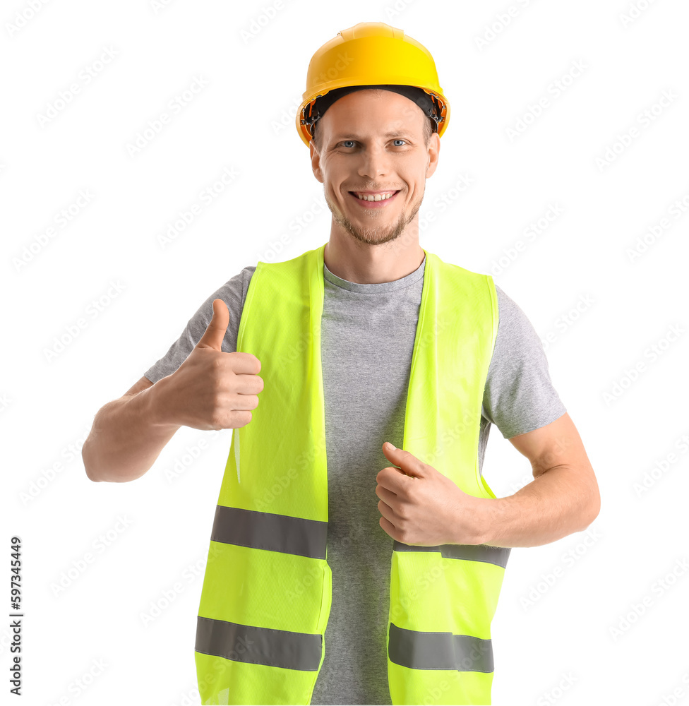 Male worker in vest and hardhat showing thumb-up on white background