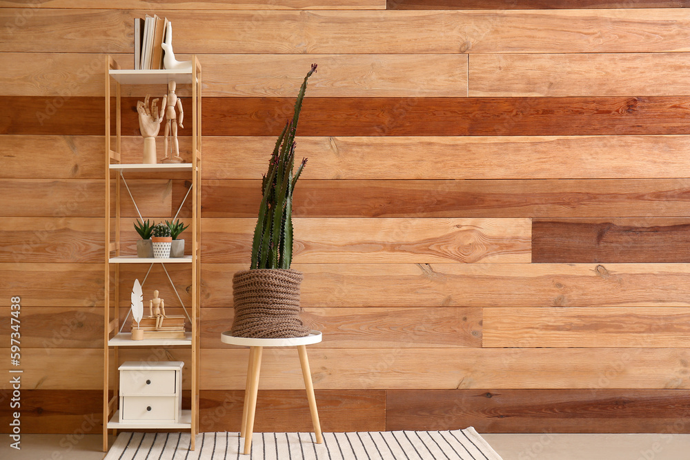 Pot with big cactus on stool and shelving unit near wooden wall