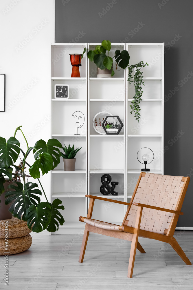 Interior of light living room with armchair, shelving unit and houseplants