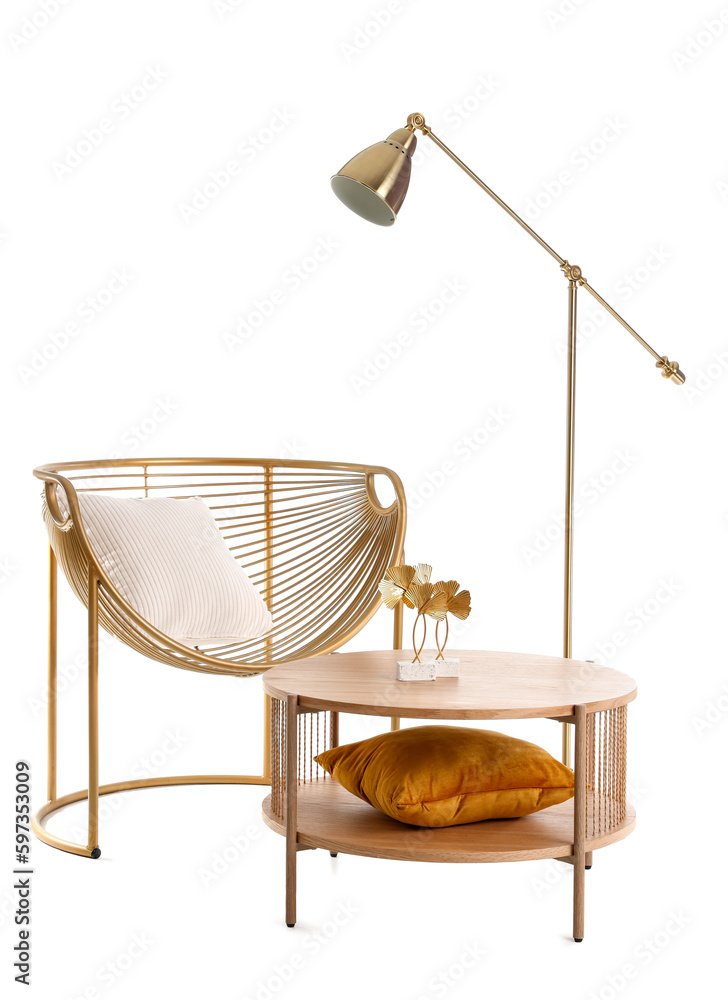 Armchair, lamp and coffee table isolated on white background