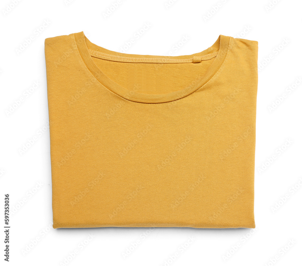 Folded yellow t-shirt on white background