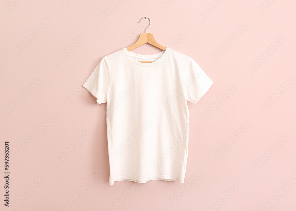 White t-shirt hanging on pink wall