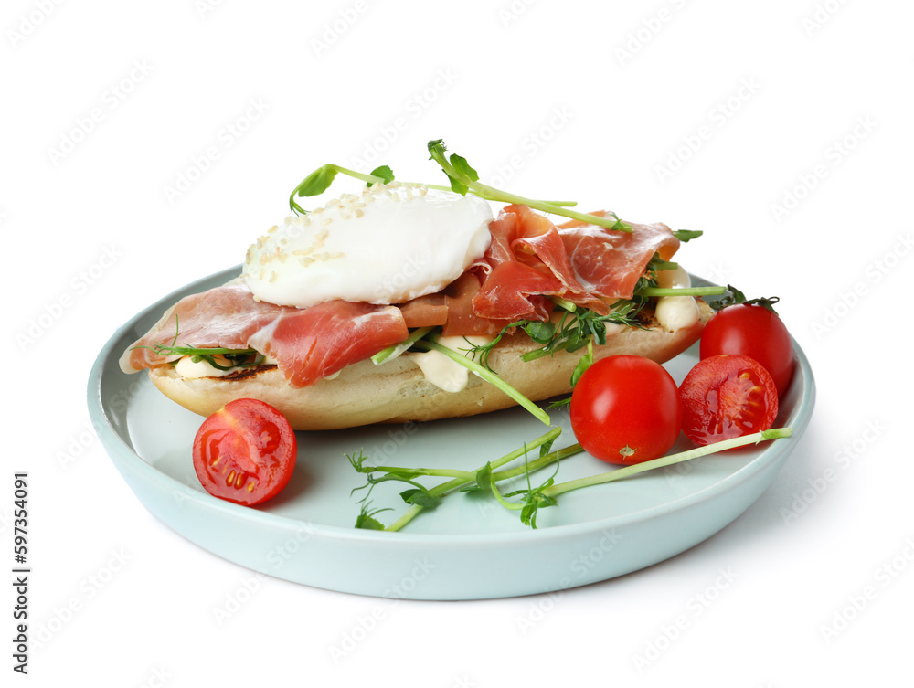 Plate with tasty egg Benedict isolated on white background