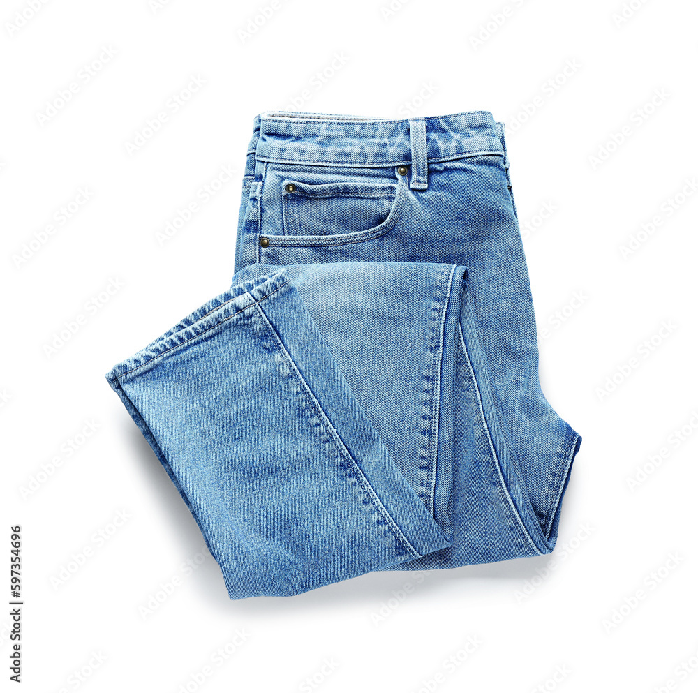 Folded jeans on white background