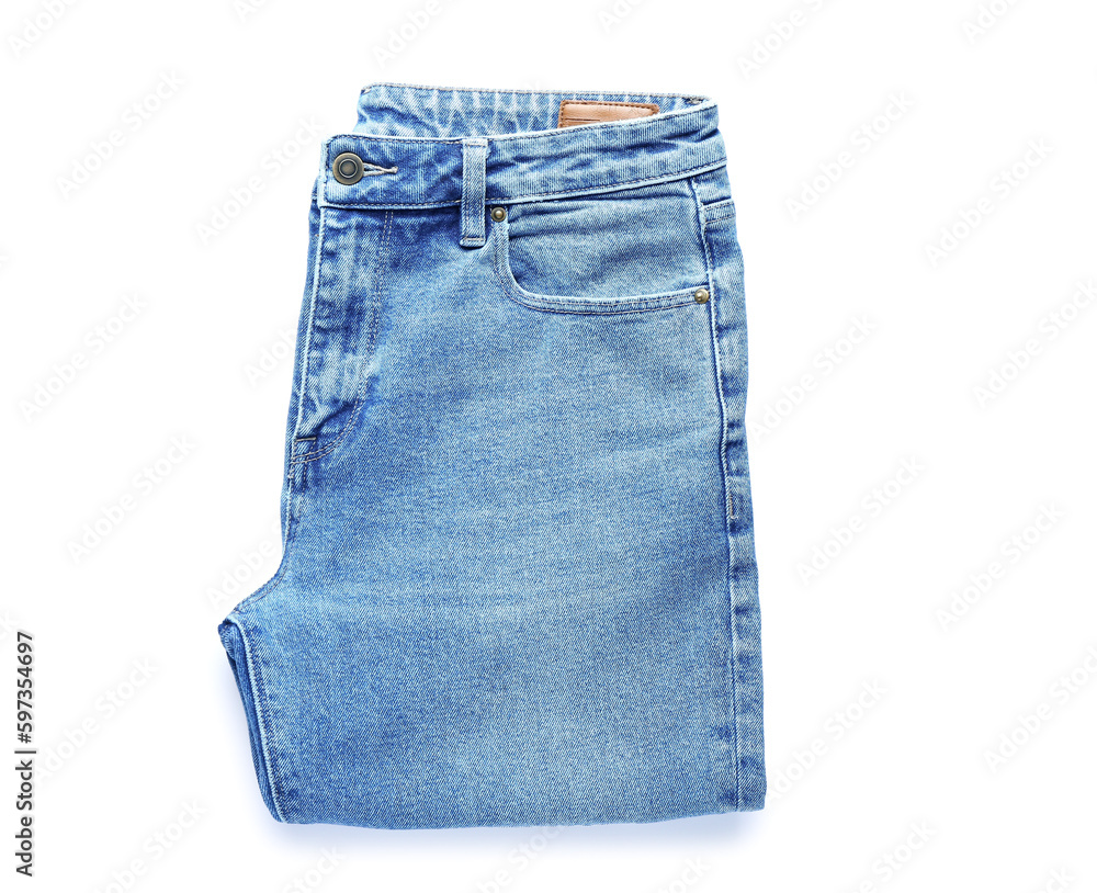 Folded jeans on white background