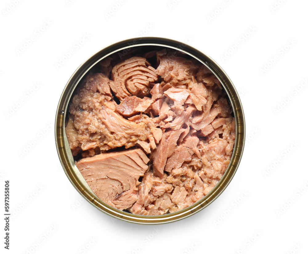 Opened tin can with tuna fish isolated on white background