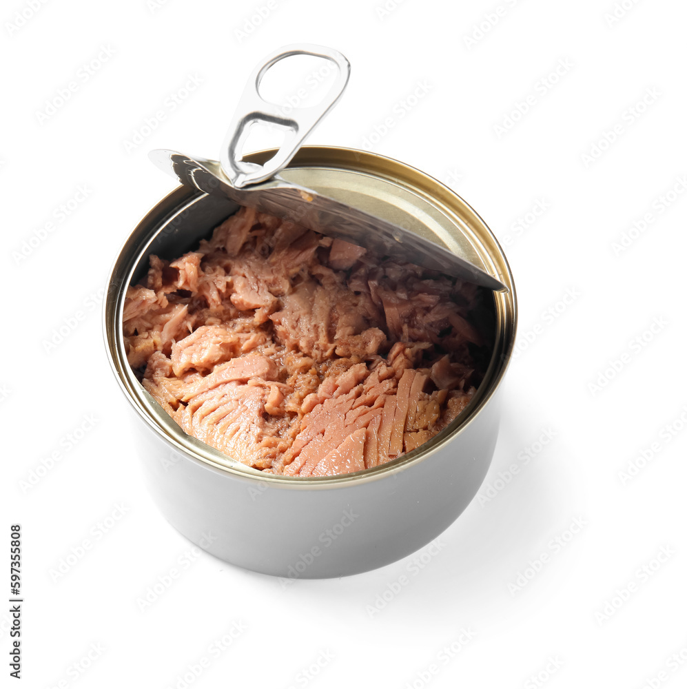 Opened tin can with tuna fish isolated on white background