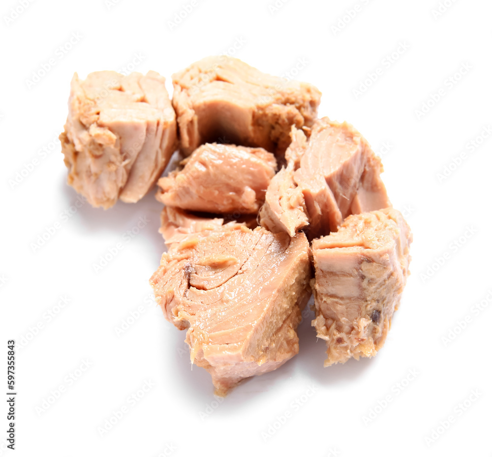 Delicious canned tuna isolated on white background