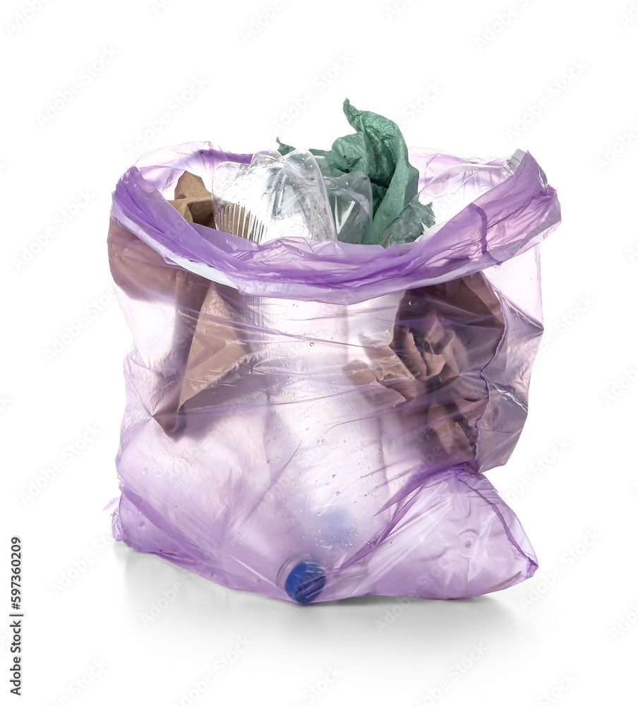 Garbage bag with different trash isolated on white background