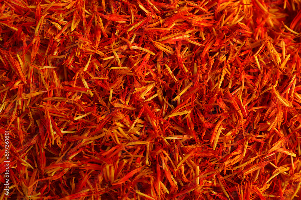 Pile of saffron as background, closeup