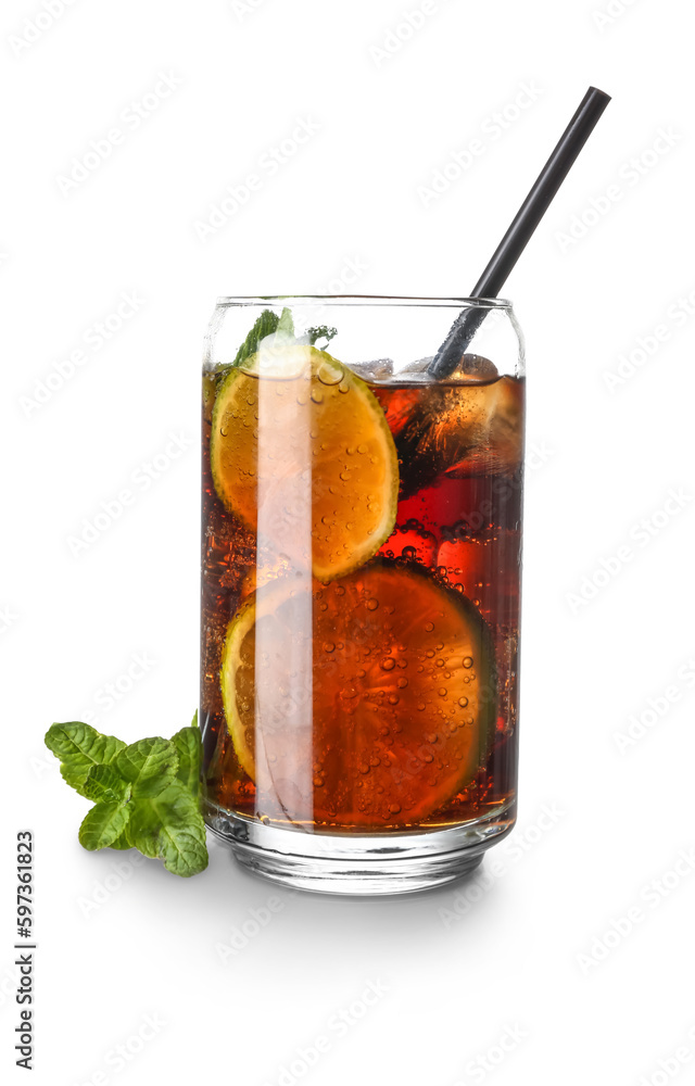 Glass of tasty Cuba Libre cocktail isolated on white background