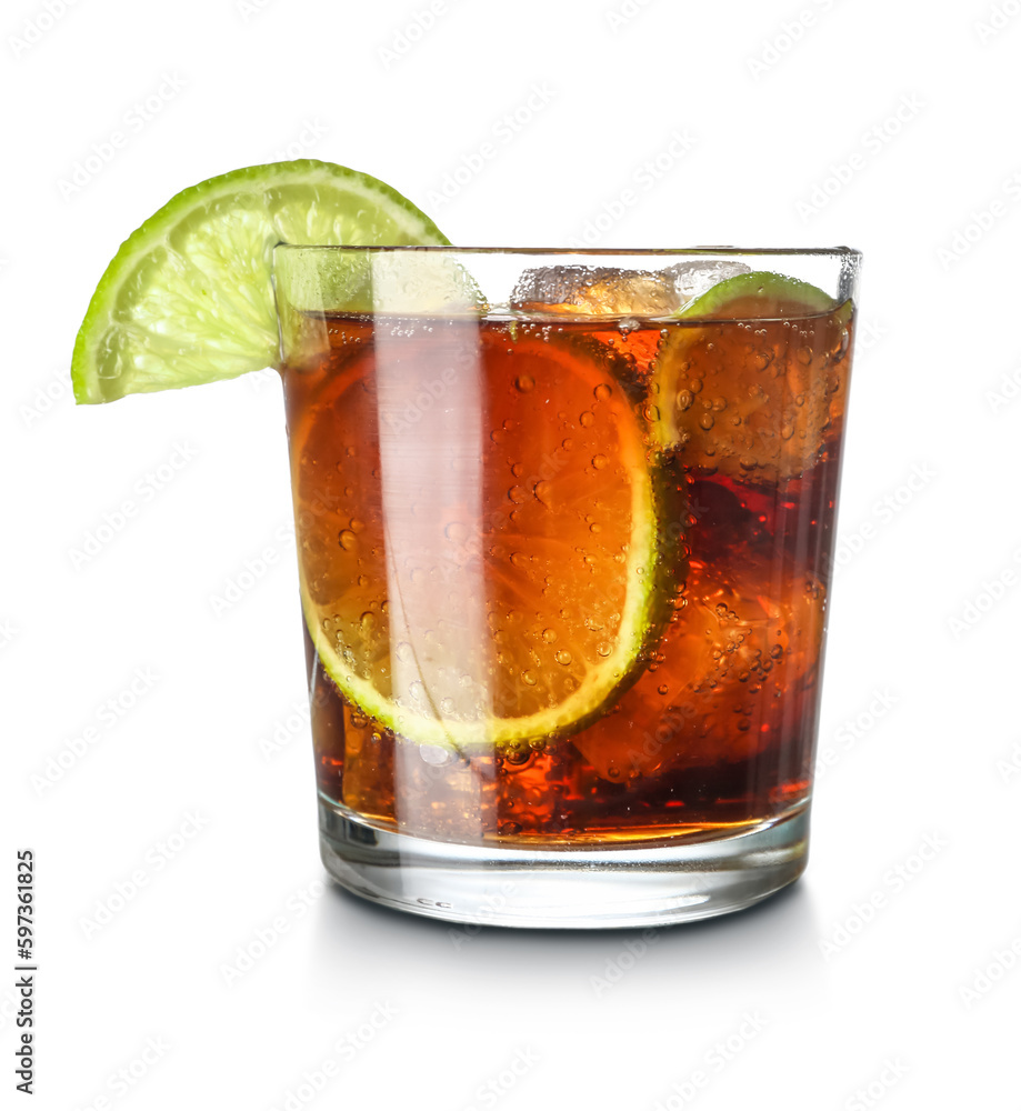 Glass of tasty Cuba Libre cocktail isolated on white background