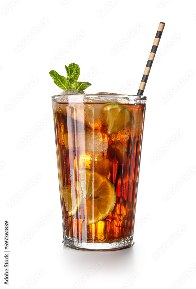 Glass of tasty Cuba Libre cocktail isolated on white background