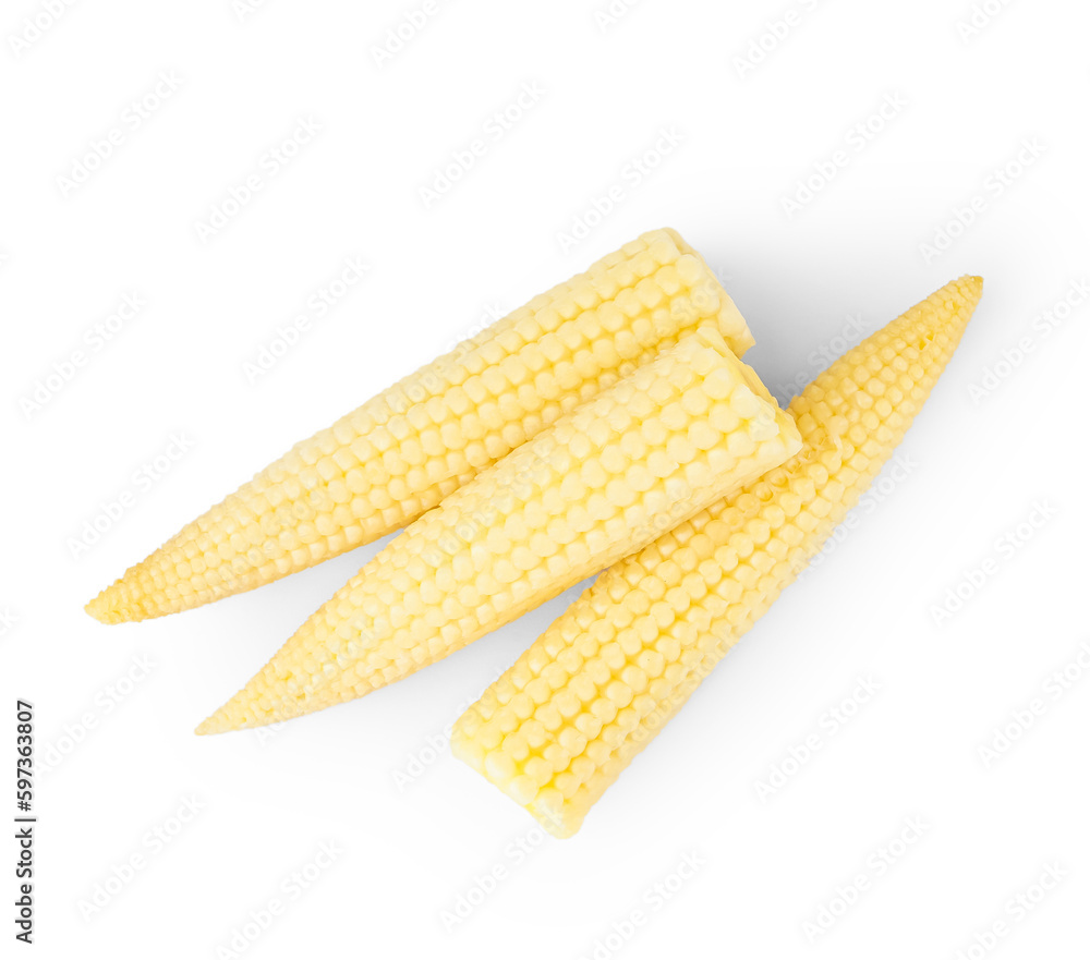 Tasty canned corn cobs on white background