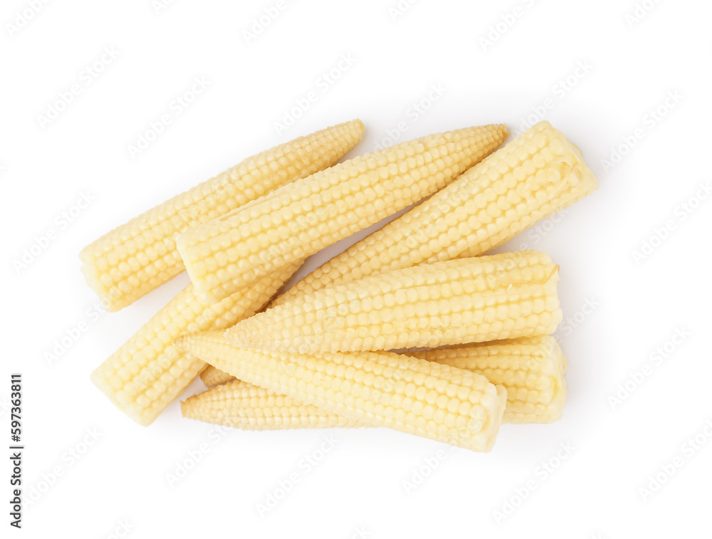 Heap of tasty canned corn cobs on white background