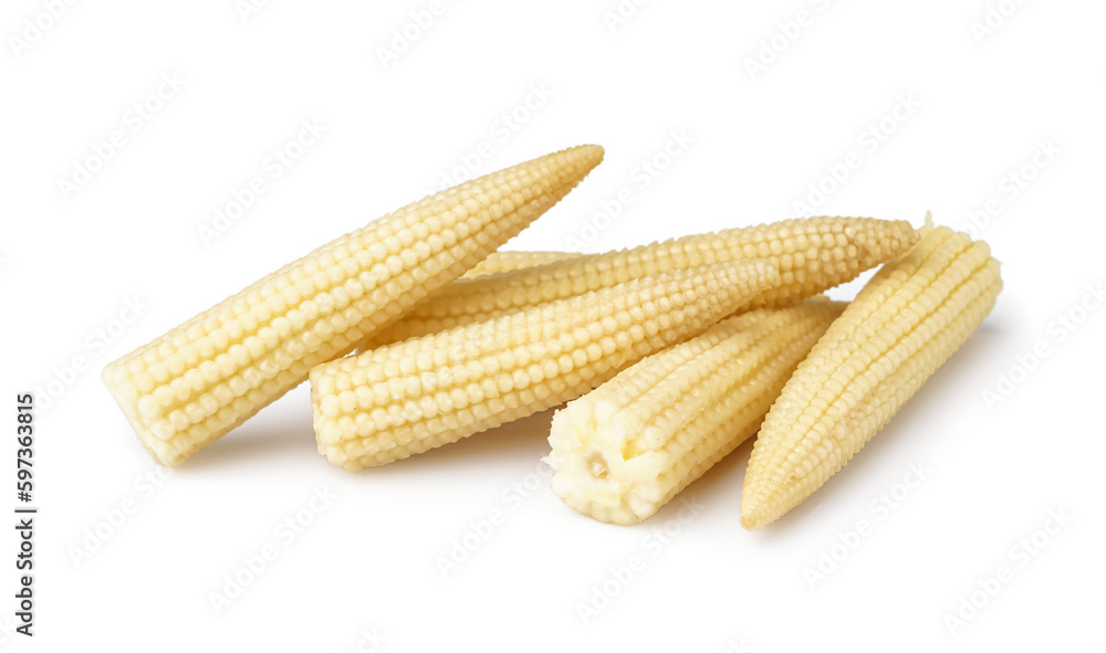 Heap of tasty canned corn cobs on white background