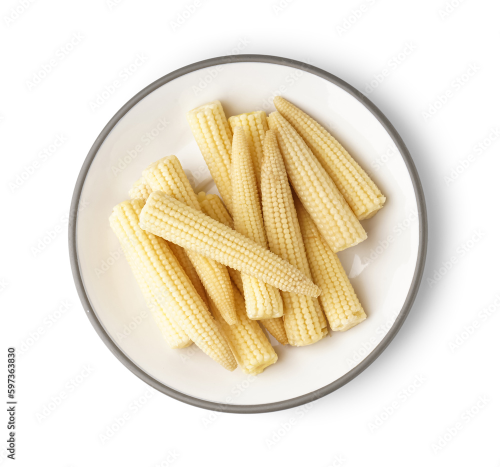 Plate of tasty canned corn cobs on white background