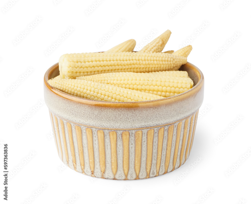 Bowl of tasty canned corn cobs on white background