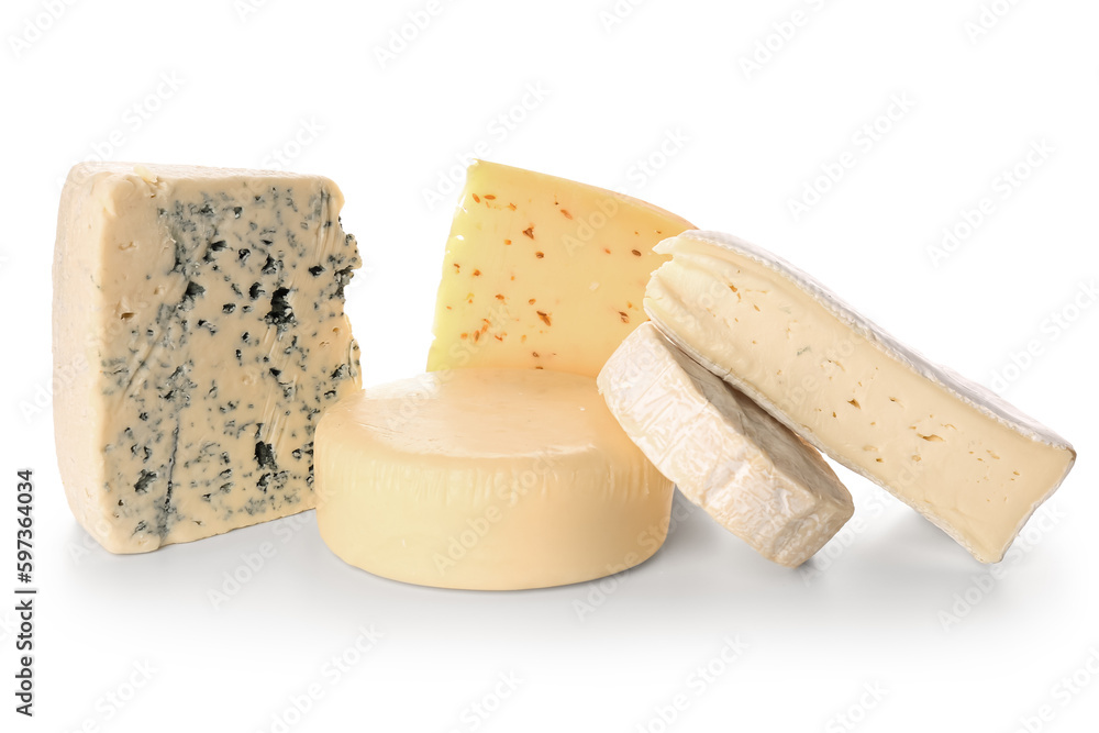 Different types of cheese isolated on white background