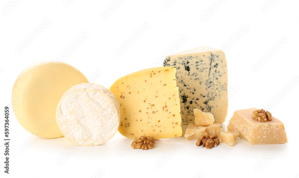 Different types of cheese isolated on white background