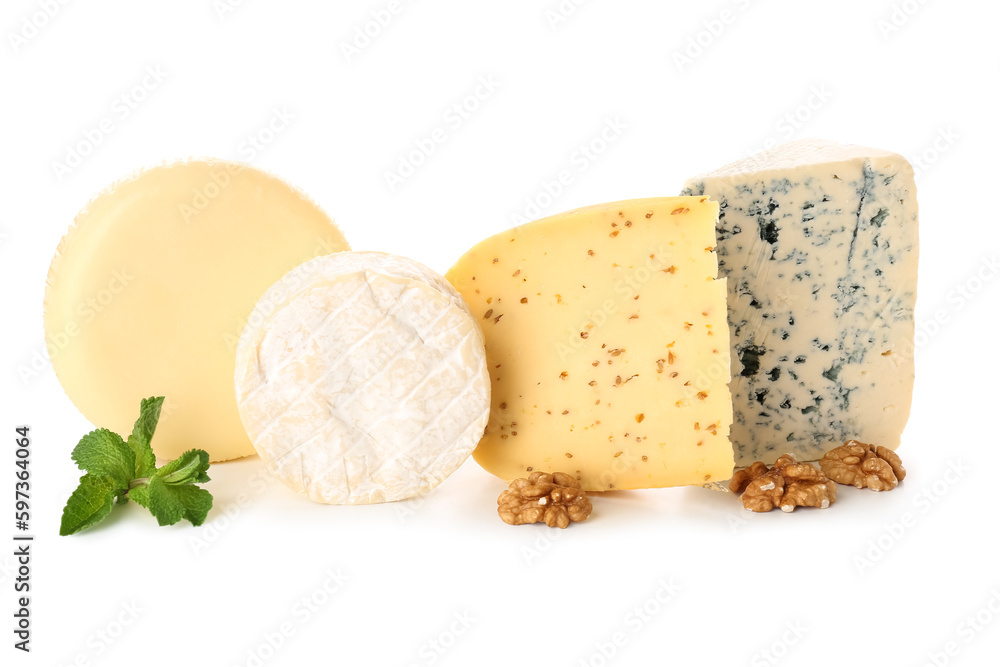 Different types of cheese isolated on white background