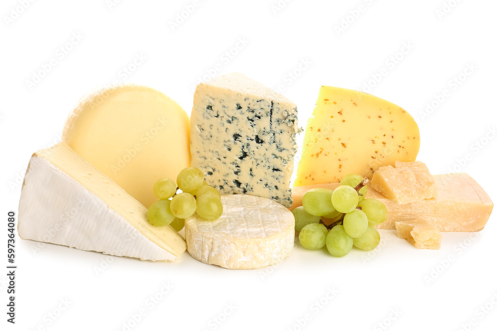 Different types of cheese with grapes isolated on white background