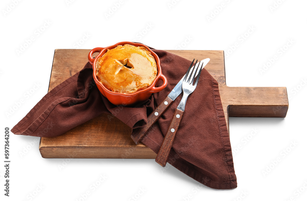 Wooden board with tasty meat pot pie on white background