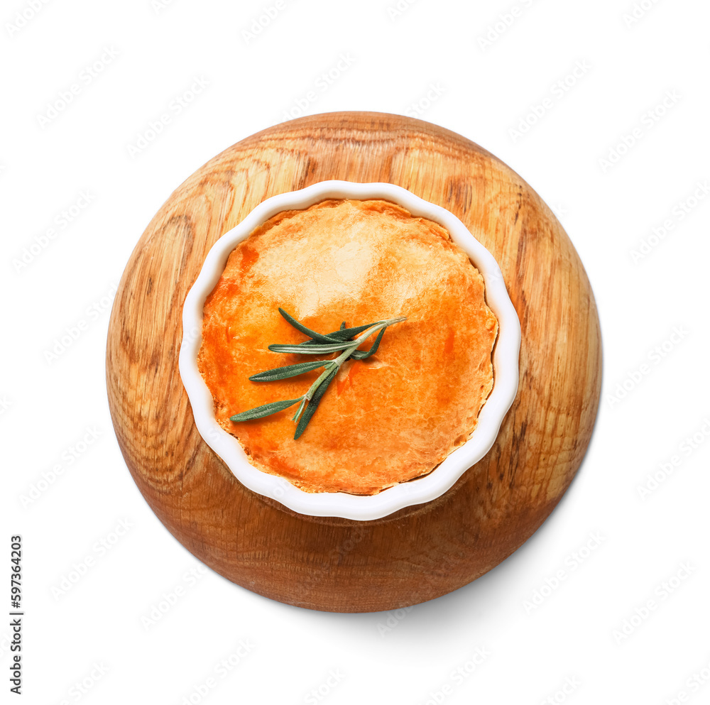 Plate with tasty meat pot pie on white background