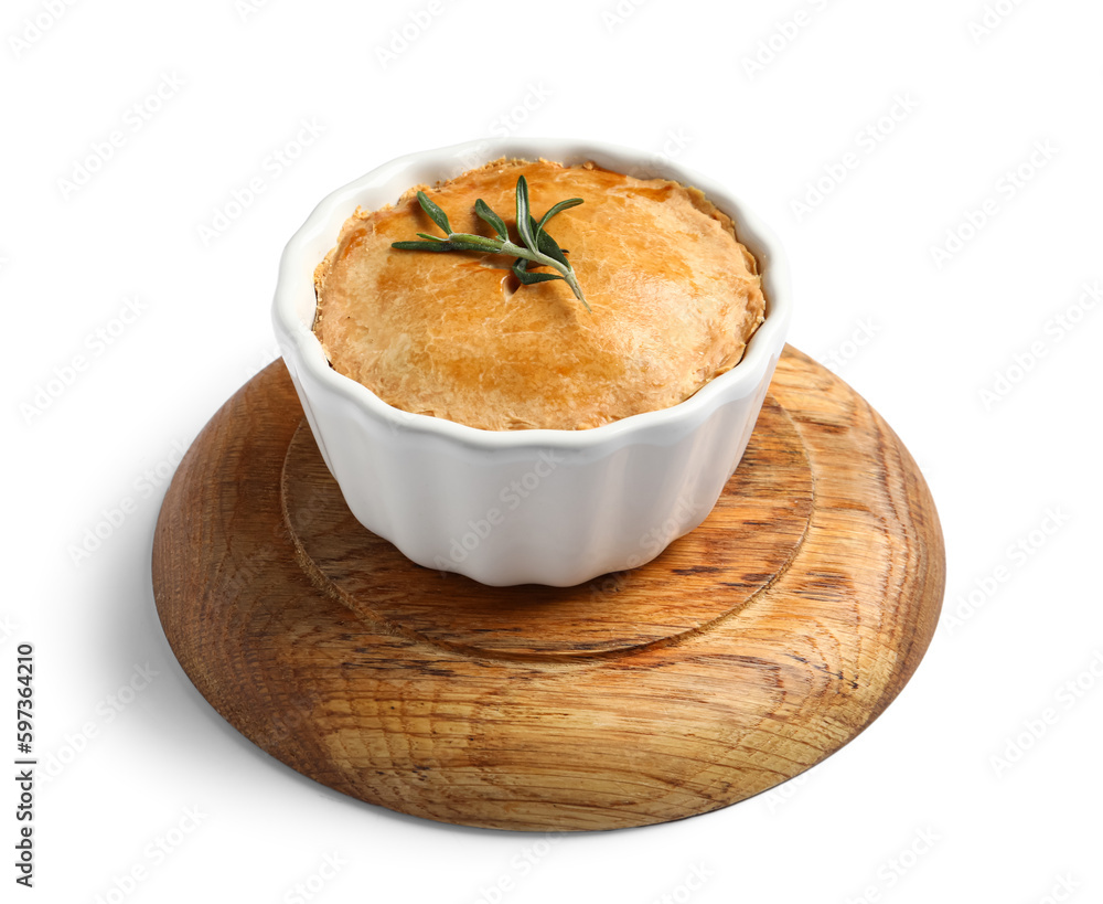 Plate with tasty meat pot pie on white background