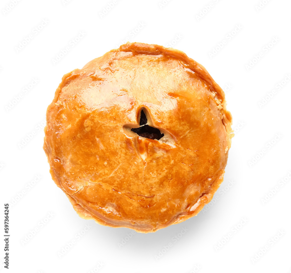 Tasty meat pot pie on white background