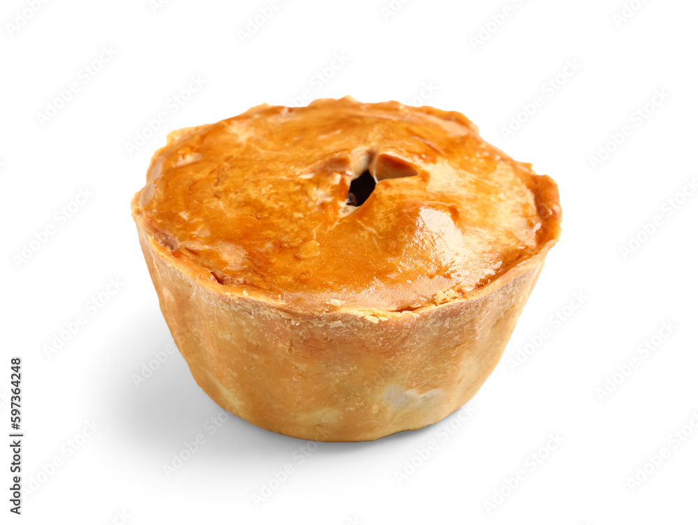 Tasty meat pot pie on white background