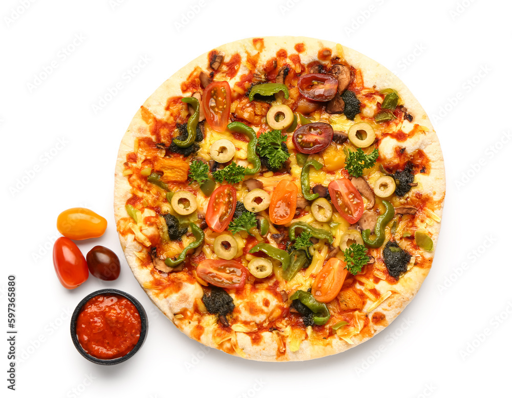 Vegetable pizza with sauce on white background