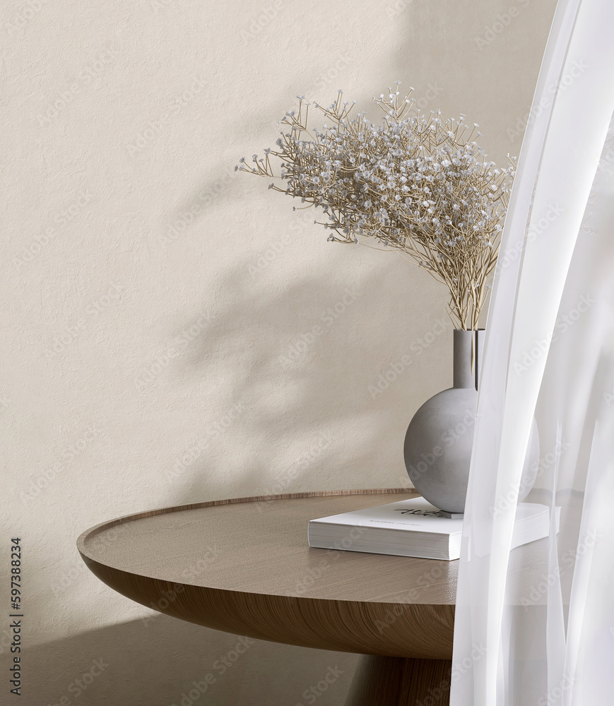 Wooden round beautiful grain podium table, flower bouquet in round vase in sunlight from white curta