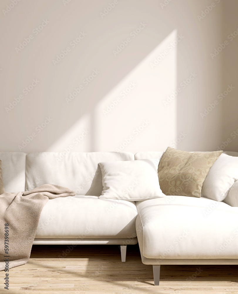 Cream comfortable suede leather sofa, brown cushion, blanket in sunlight on blank beige wall, parque