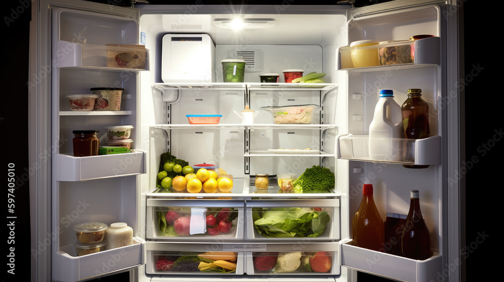 Open Refrigerator Full Of Juice And Fresh Vegetables. Generative. AI