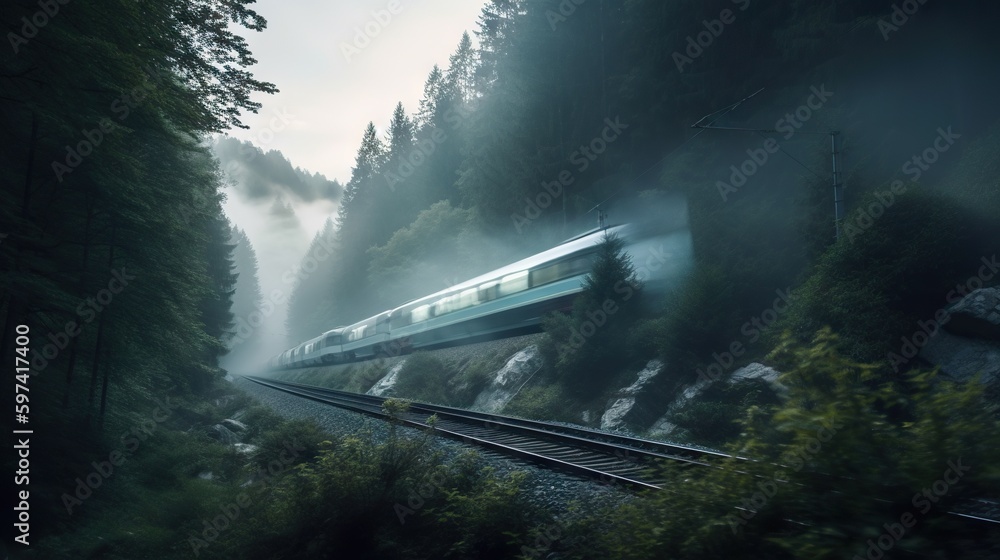 Speed passenger train moving in the mist mountains covered with forest. Generative AI